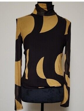 Bailey 44 Black Gold Abstract Sheer Sleeve Blouse Women Size Small Statement Top